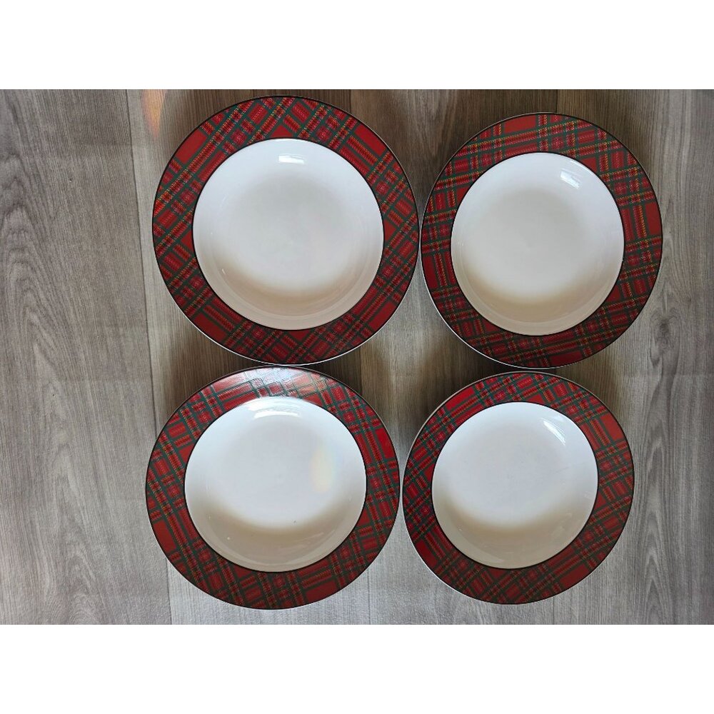 Bombay Tartan Red Plaid Soup Bowls Set Of 4  9" Diameter Dinnerware